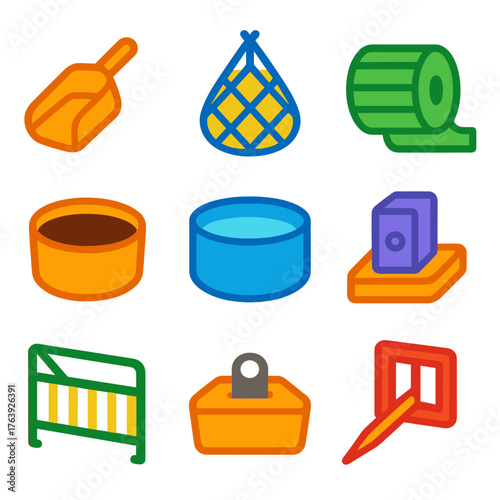 Livestock Feeding Icons. Flat vector icons of livestock feeding gear: grain scoop, hay net, feeding ring, silage wrap, molasses