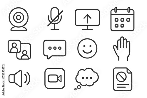 Virtual Meeting Icons. Line style round icons of virtual meetings: webcam icon, mic mute, screen share, calendar invite; breakout