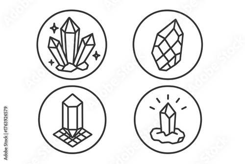 Crystal Line Art. Line style round icons of natural crystals: quartz, amethyst, fluorite, citrine; cluster, shard, hexagonal prism