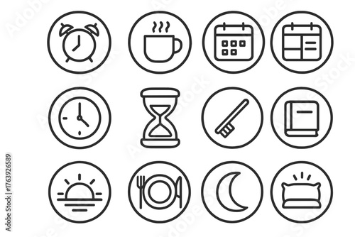 Daily Routine Icons. Line style round icons of daily routine: wake alarm, coffee mug, schedule, time block; hourglass, toothbrush,
