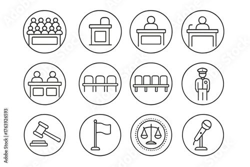 Courtroom Layout Icons. Line style round icons of courtroom layout: jury box, witness stand, judge bench, defense table;