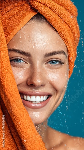 Smiling Woman With Wet Hair Wrapped in Orange Towel Enjoying Refreshing Showe...
