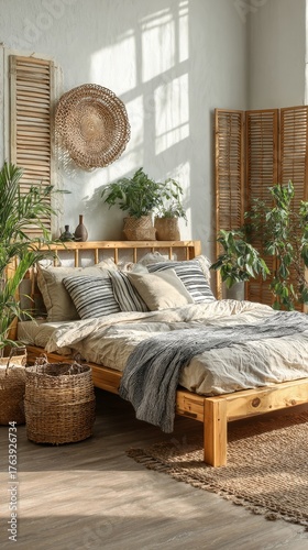 Cozy Natural Bedroom Design With Wooden Furniture and Plants in Warm Sunlight