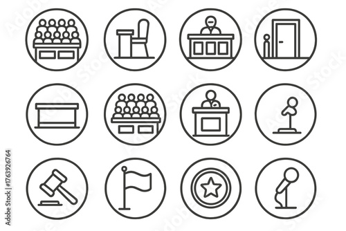 Courtroom Layout Icons. Line style round icons of courtroom layout: jury box, witness stand, judge bench, defense table;
