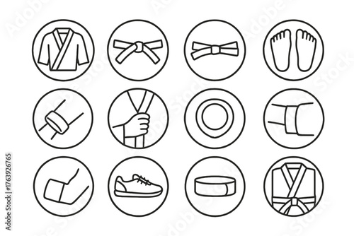 Martial Arts Attire Icons. Line style round icons of martial arts uniforms: gi, belt knot, headband, bare feet; sleeve fold,
