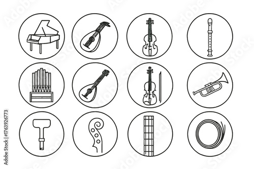 Baroque Instrument Icons. Line style round icons of baroque instruments: harpsichord, lute, viola da gamba, recorder; pipe organ,