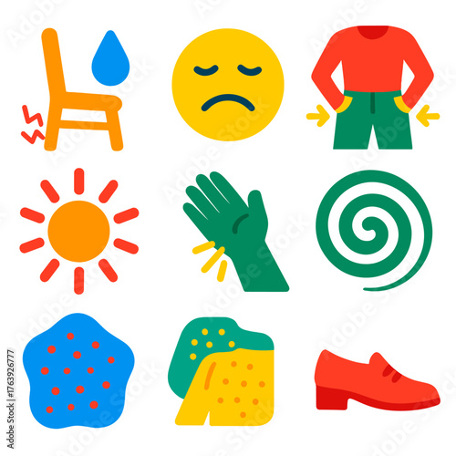 Discomfort Icons Set. Flat vector icons of general discomfort signs: uncomfortable chair icon, cold sweat drop, grimace face,