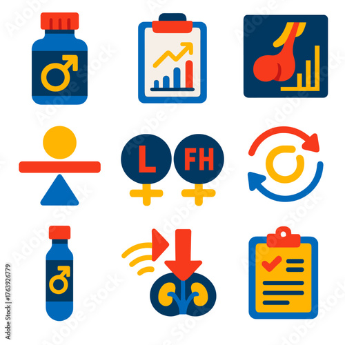 Endocrine System Icons. Flat vector icons of endocrine system and male hormones: testosterone bottle, hormone level test icon,