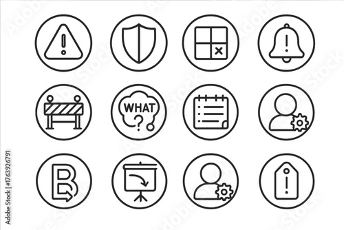 Risk Management Icons. Line style round icons of risk management: warning triangle, shield icon, risk matrix, mitigation plan;