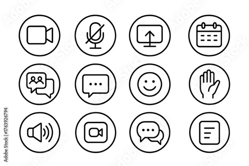 Virtual Meeting Icons. Line style round icons of virtual meetings: webcam icon, mic mute, screen share, calendar invite; breakout