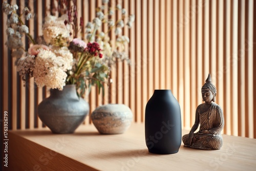 Beautiful Interior Display With Vases and a Small Buddha Statue in a Modern S...