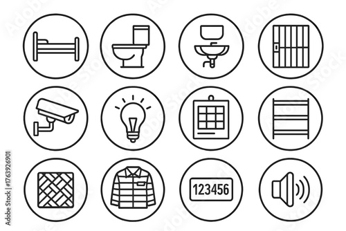 Prison Cell Essentials. Line style round icons of prison interior: cell bed, toilet, sink, barred door; surveillance camera,