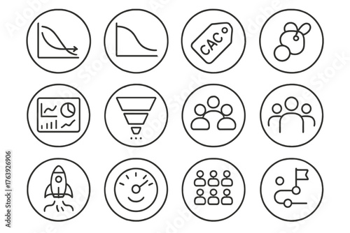 Startup KPI Icons. Line style round icons of startup KPIs and metrics: churn graph, retention curve, CAC tag, MRR line; growth