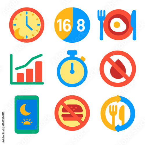 Fasting Icons Set. Flat vector icons of fasting and eating windows: intermittent fasting clock, 16:8 plan icon, fast break meal