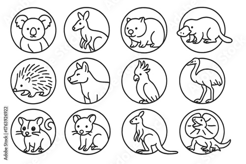 Australian Wildlife Icons. Line style round icons of Australian wildlife: koala, kangaroo, wombat, platypus; echidna, dingo,