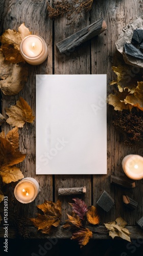 Blank Canvas Surrounded by Autumn Leaves and Candles for Creative Inspiration...