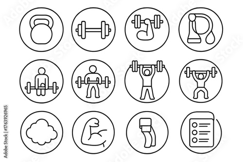 Strength Training Icons. Line style round icons of strength training: kettlebell, dumbbell, barbell, resistance band; deadlift,