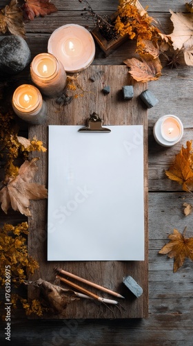 Blank Canvas Surrounded by Autumn Leaves and Candles for Creative Inspiration...
