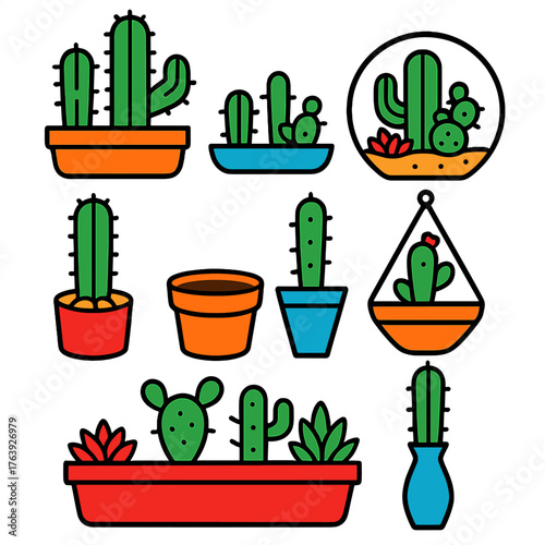 Cactus Icon Collection. Flat vector icons of cactus arrangements and pots: three cactus set, mini cactus tray, cactus terrarium