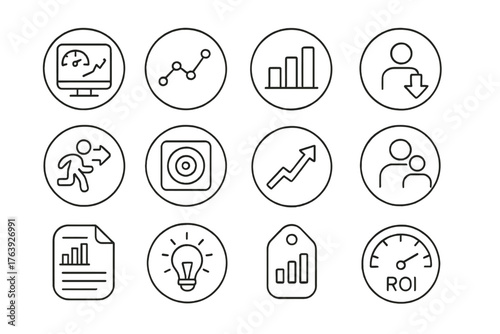 Analytics KPIs Icons. Line style round icons of analytics and KPIs: dashboard, line chart, bar graph, conversion rate; bounce rate