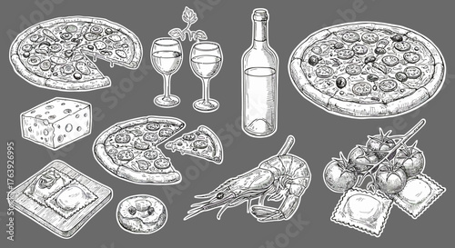 Hand drawn italian cuisine elements on chalkboard background: pizza, wine, cheese, and seafood