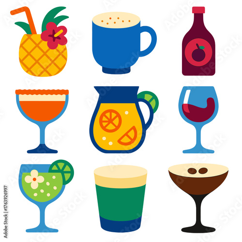 Bold Alcoholic Icons. Flat vector icons of alcohol drink: tropical drink in pineapple shell, classic eggnog mug, plum wine bottle.