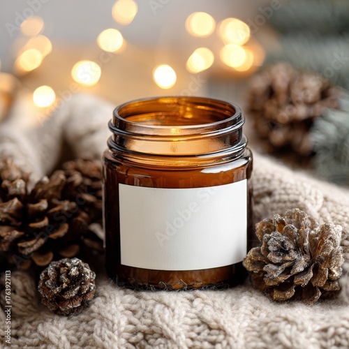 Cozy Candle With Pinecones and Twinkling Lights in a Warm Setting During Winter