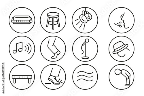 Solo Performance Icons. Line style round icons of solo performance: harmonica, stool, spotlight, breath line; echo note, bent knee