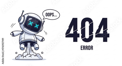 Cute Robot with 404 Error Message on White Background.