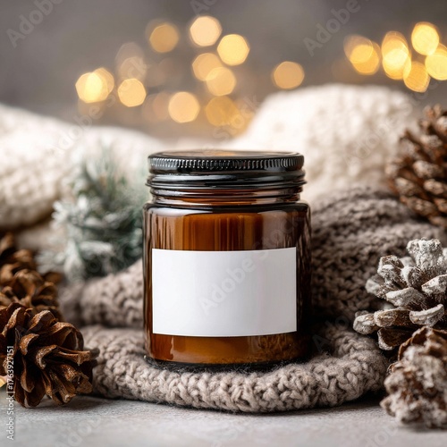 Cozy Scene With a Candle Jar Surrounded by Pine Cones and Knit Fabric in a Wa...