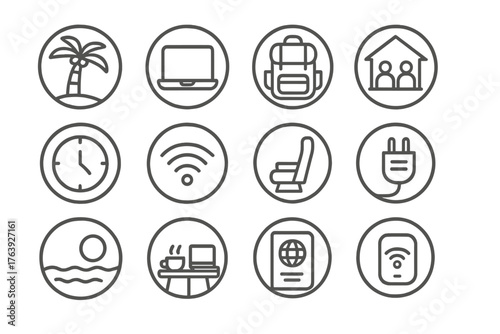 Digital Nomad Essentials. Line style round icons of digital nomad lifestyle: palm tree, laptop icon, travel backpack, coworking
