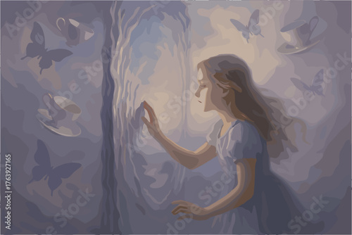 Girl Touching a Magical Mirror Surrounded by Butterflies