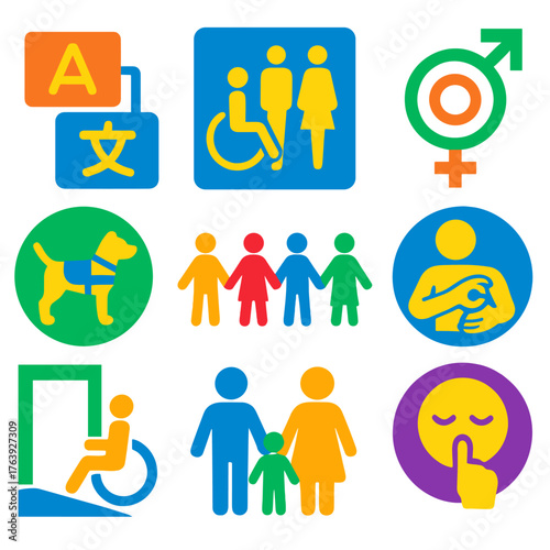 Inclusive Community Icons. Flat vector icons of inclusive community features: multilingual signs, inclusive restroom icon,