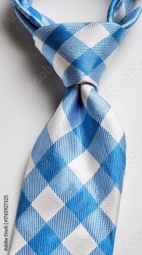 Stylish Blue and White Checkered Tie Resting on a Table With Soft Fabric Back...