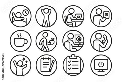 Remote Work Routine Icons. Line style round icons of remote routines: wake up, stretch, desk sit, check inbox; coffee break,