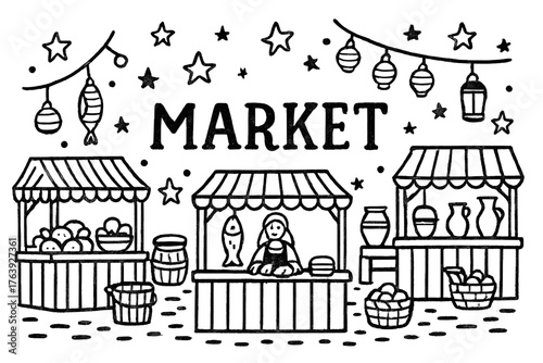 Medieval Market Doodle. Doodle medieval marketplace with stars, stalls, and lanterns, center word “Market” in black and white
