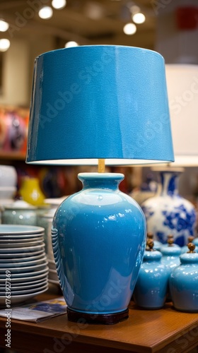 Bright Blue Lamp Stands out in a Home Decor Store Among Elegant Tableware and...