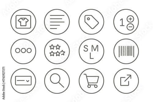 E-commerce Icon Set. Line style round icons of online product listings: product image, item description, price tag, stock counter;