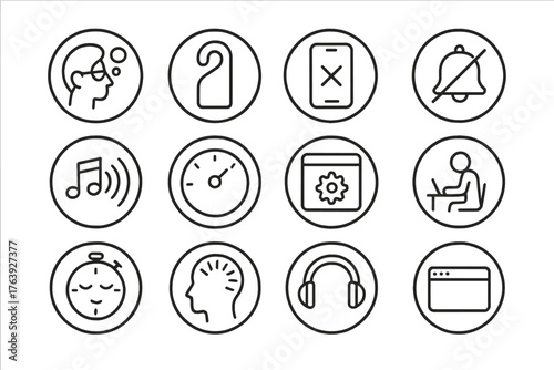 Focus Icons Collection. Line style round icons of focus and attention: deep work bubble, “do not disturb” icon, phone off, silence