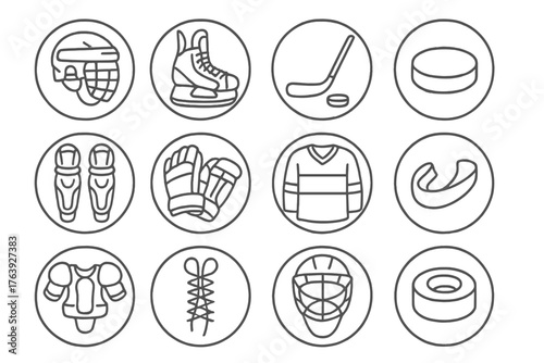 Hockey Equipment Icons. Line style round icons of hockey equipment: helmet, skates, stick, puck; shin guards, gloves, jersey,