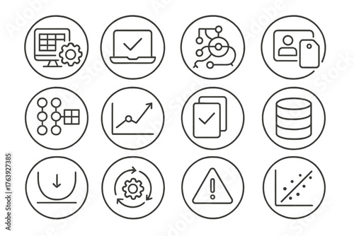 Machine Learning Icons. Line style round icons of machine learning concepts: data training, model accuracy, supervised icon,