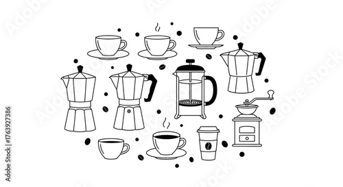 Coffee time essentials in linear art: moka pot, cups, and coffee beans collection