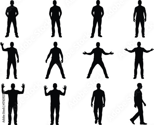 Silhouettes of human gestures and standing poses, expressive postures, flat vector, isolated, cad drawing