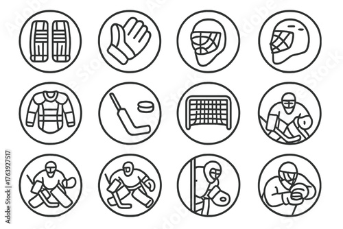 Goalie Gear Icons. Line style round icons of goalie gear: pads, glove, blocker, mask; chest protector, stick, net, crease;