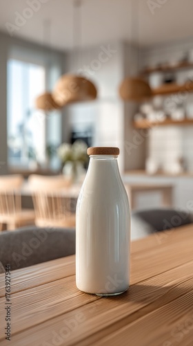 Fresh Milk Bottle on a Wooden Table in a Bright Modern Kitchen During the Day