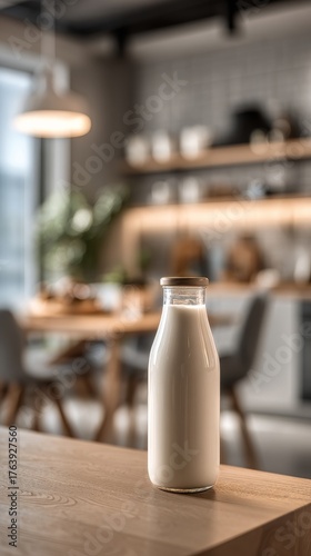 Fresh Milk Bottle on a Wooden Table in a Bright Modern Kitchen During the Day
