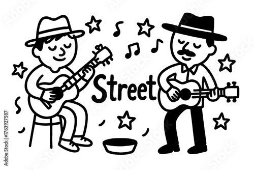 Street Musicians Doodle. Doodle street musicians with guitars, stars, and hats, center word “Street” in black and white isolated
