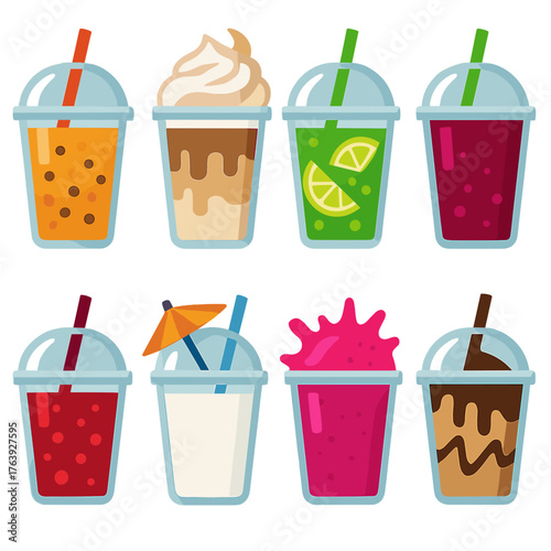 Vibrant Drink Icons. Flat vector icons of drink plastic cup with straw: orange passion tea with pulp details, creamy iced caramel