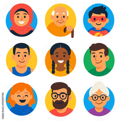 Vibrant Avatar Icons. Flat vector icons of people avatar (round): woman in hijab with cheerful smile, senior man with walking