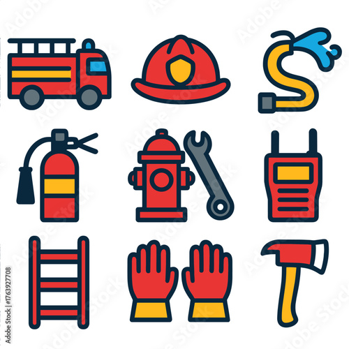 Firefighting Icons Set. Flat vector icons of firefighting and emergency services: fire truck icon, firefighter helmet, water hose